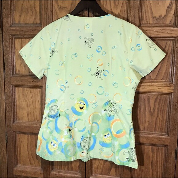 Nickelodeon SpongeBob SquarePants Top Women's M Lime Cotton Poly Scrubs Pockets - Picture 6 of 9